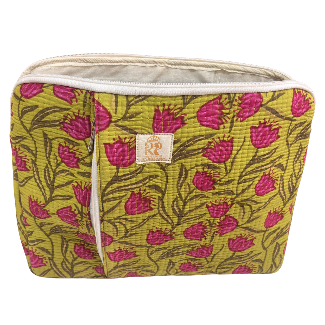 Quilted Cotton Laptop Sleeve with External Pocket — Handcrafted 14-inch Sleeve | The House of RajPadmini