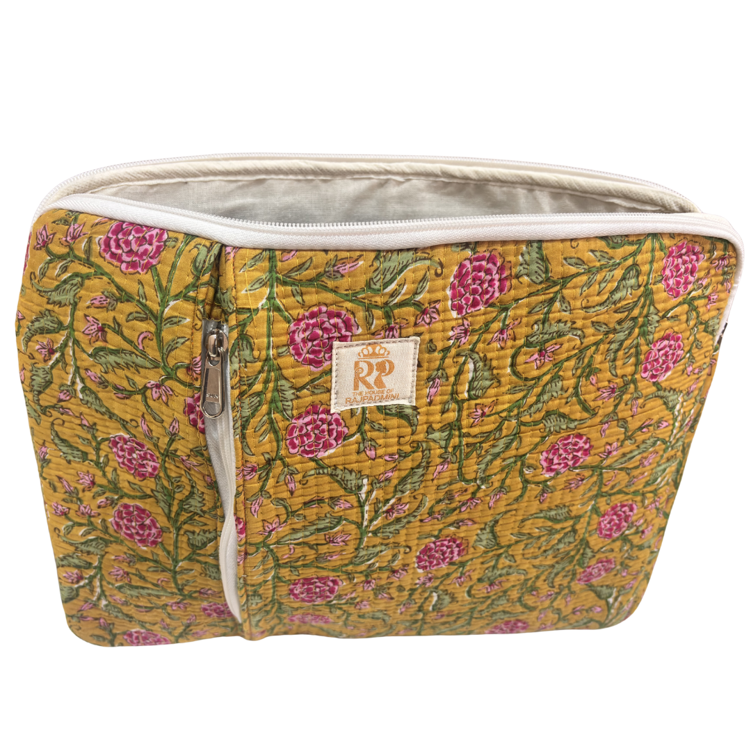 Quilted Cotton Laptop Sleeve with External Pocket — Handcrafted 14-inch Sleeve | The House of RajPadmini