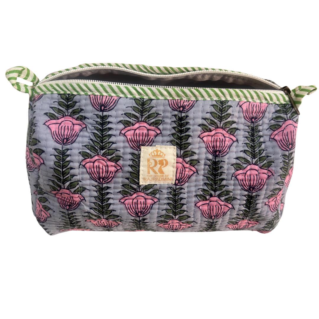 Quilted Cotton Travel Pouch Set of 3 – Waterproof Toiletry Organizer | Handcrafted in India