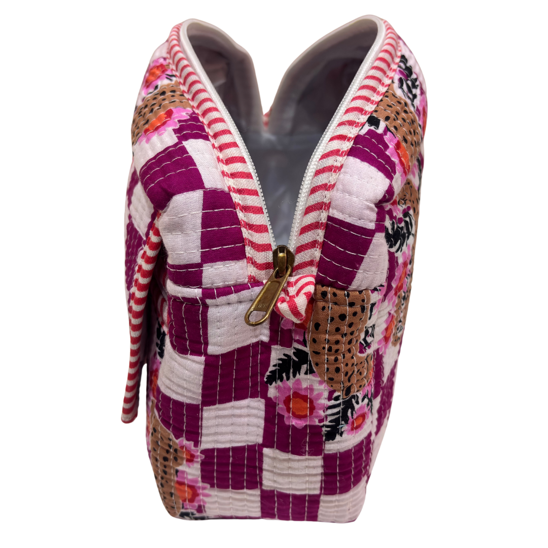 Multi-Pocket Travel Cosmetic Case with Flap & Front Zip — Handcrafted Quilted Block Print | RajPadmini