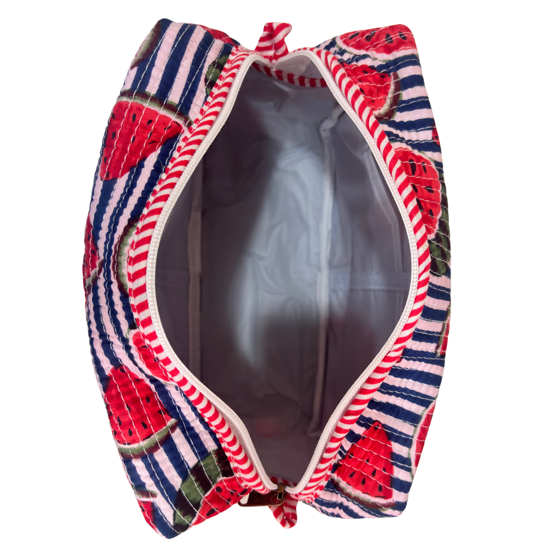 Multi-Pocket Travel Cosmetic Case with Flap & Front Zip — Handcrafted Quilted Block Print | RajPadmini