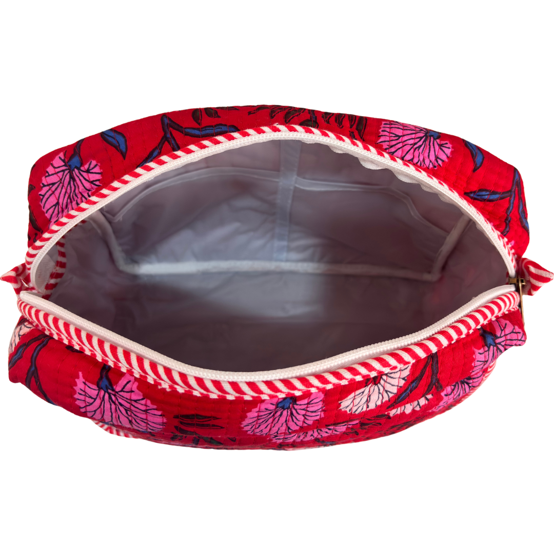 Multi-Pocket Travel Cosmetic Case with Flap & Front Zip — Handcrafted Quilted Block Print | RajPadmini