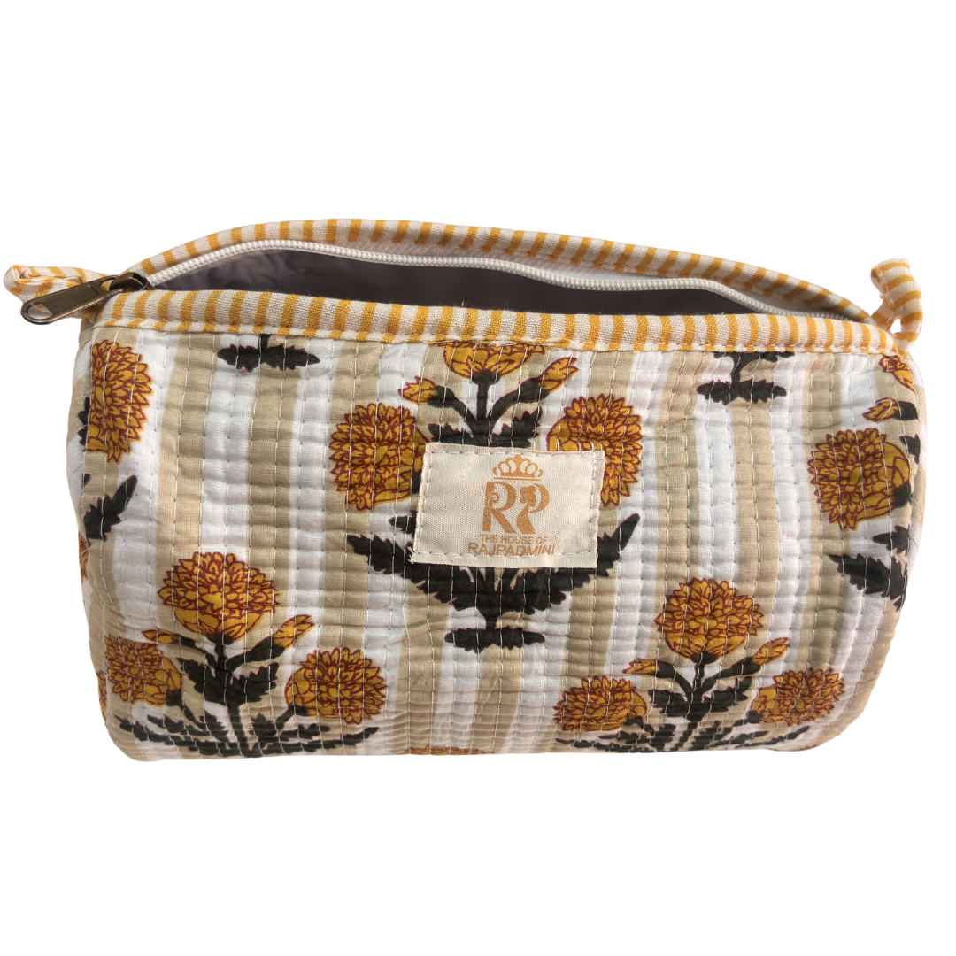 Quilted Cotton Travel Pouch Set of 3 – Waterproof Toiletry Organizer | Handcrafted in India