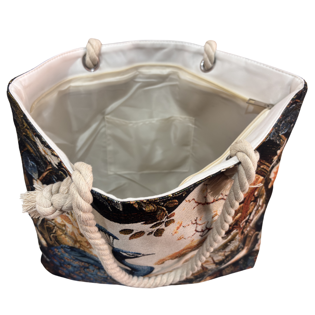 Peacock & Floral Print Canvas Beach Tote — Handcrafted Waterproof Tote with Zip Closure | The House of RajPadmini