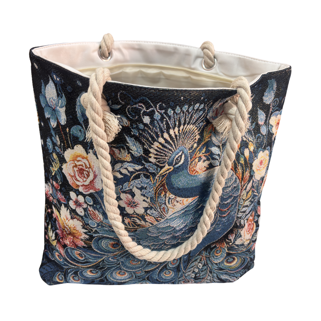 Peacock & Floral Print Canvas Beach Tote — Handcrafted Waterproof Tote with Zip Closure | The House of RajPadmini