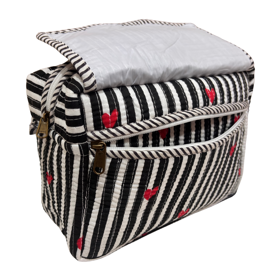 Multi-Pocket Travel Cosmetic Case with Flap & Front Zip — Handcrafted Quilted Block Print | RajPadmini