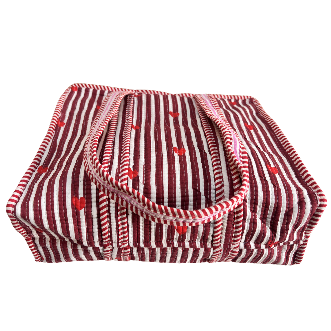 Heart Red quilted tote bag side profile — structured design for market shopping