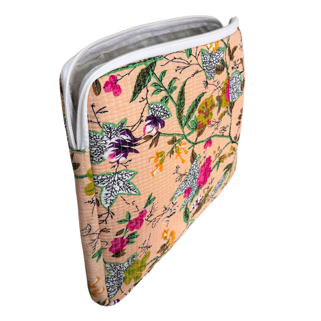 Quilted Cotton Laptop Sleeve with External Pocket — Handcrafted 14-inch Sleeve | The House of RajPadmini