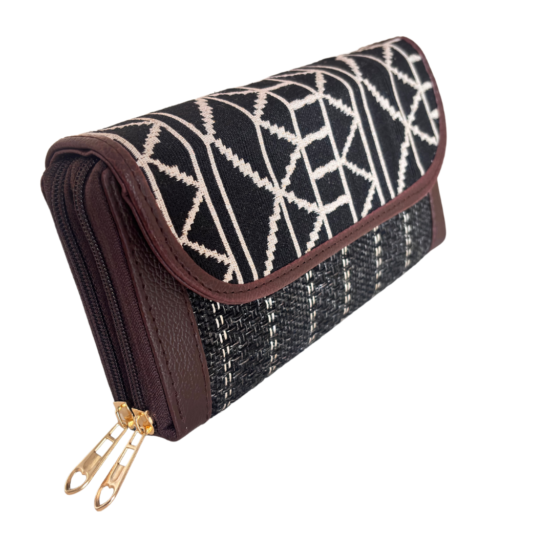 The Hamsafar Edition:- Women's Ethnic Coal Black Jute Fabric Wallet with Double Partition