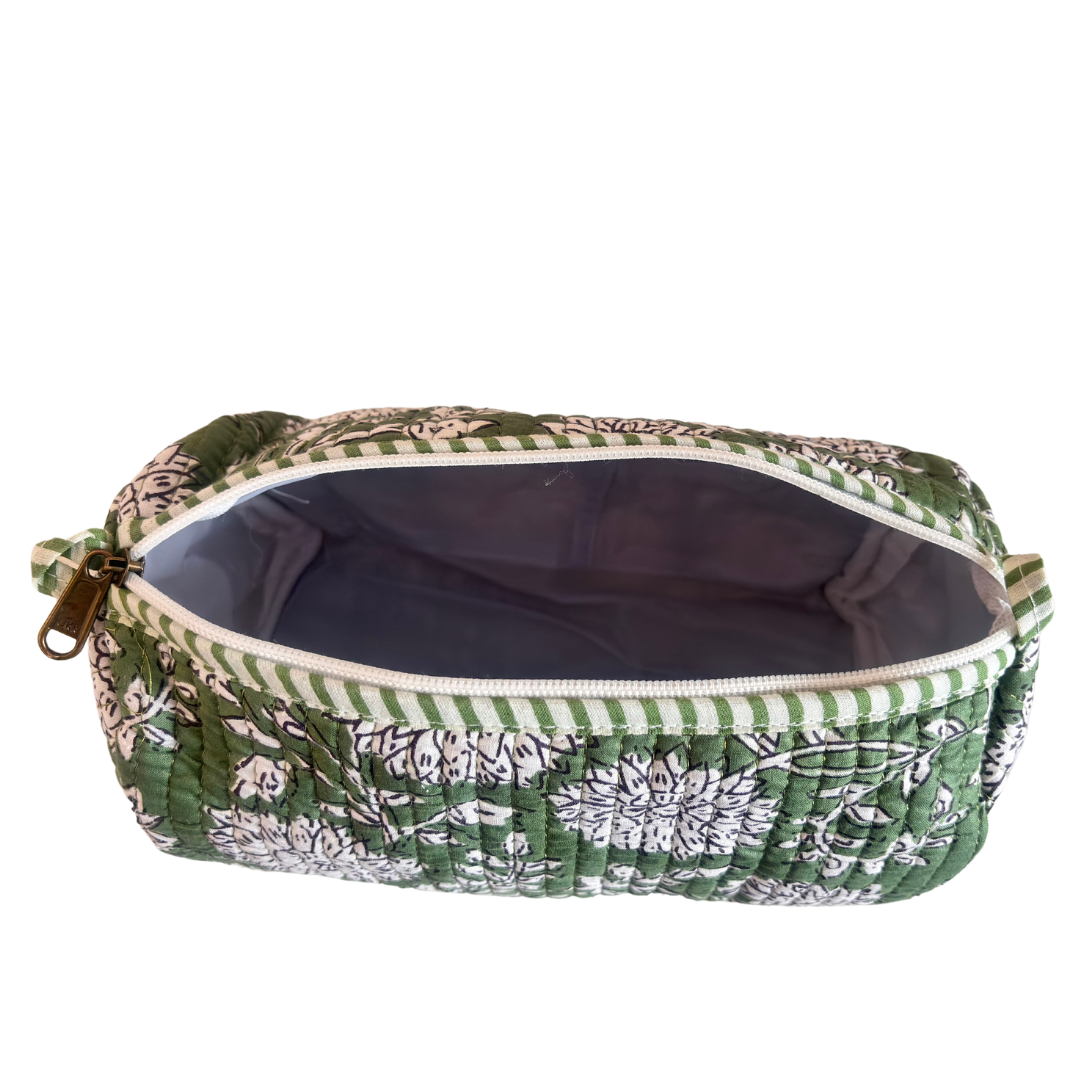 The Alfred Edition Travel Accessory:- Premium Waterproof Quilted Floral Green Cotton Beauty/Travel Organizer Bag for Men & Women (Set of 3) - The House of RajPadmini