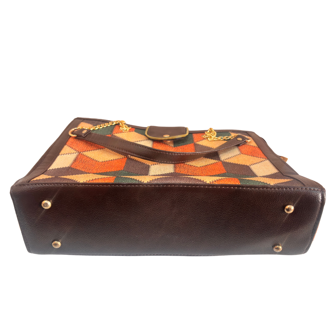Chain Handle Tote Bag for Women | Rajasthani Block Print with Gold Chain Handles & Matching Pouch