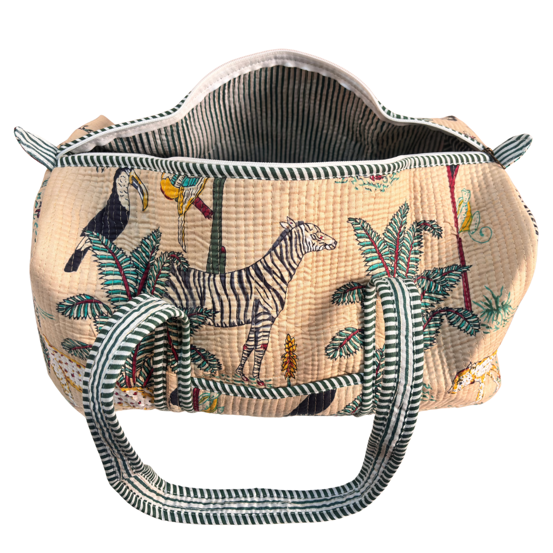 Pushkar Balloon Quilted Heritage Duffle styled as cabin carry-on, gym and weekend bag (Animal Print Off-White)