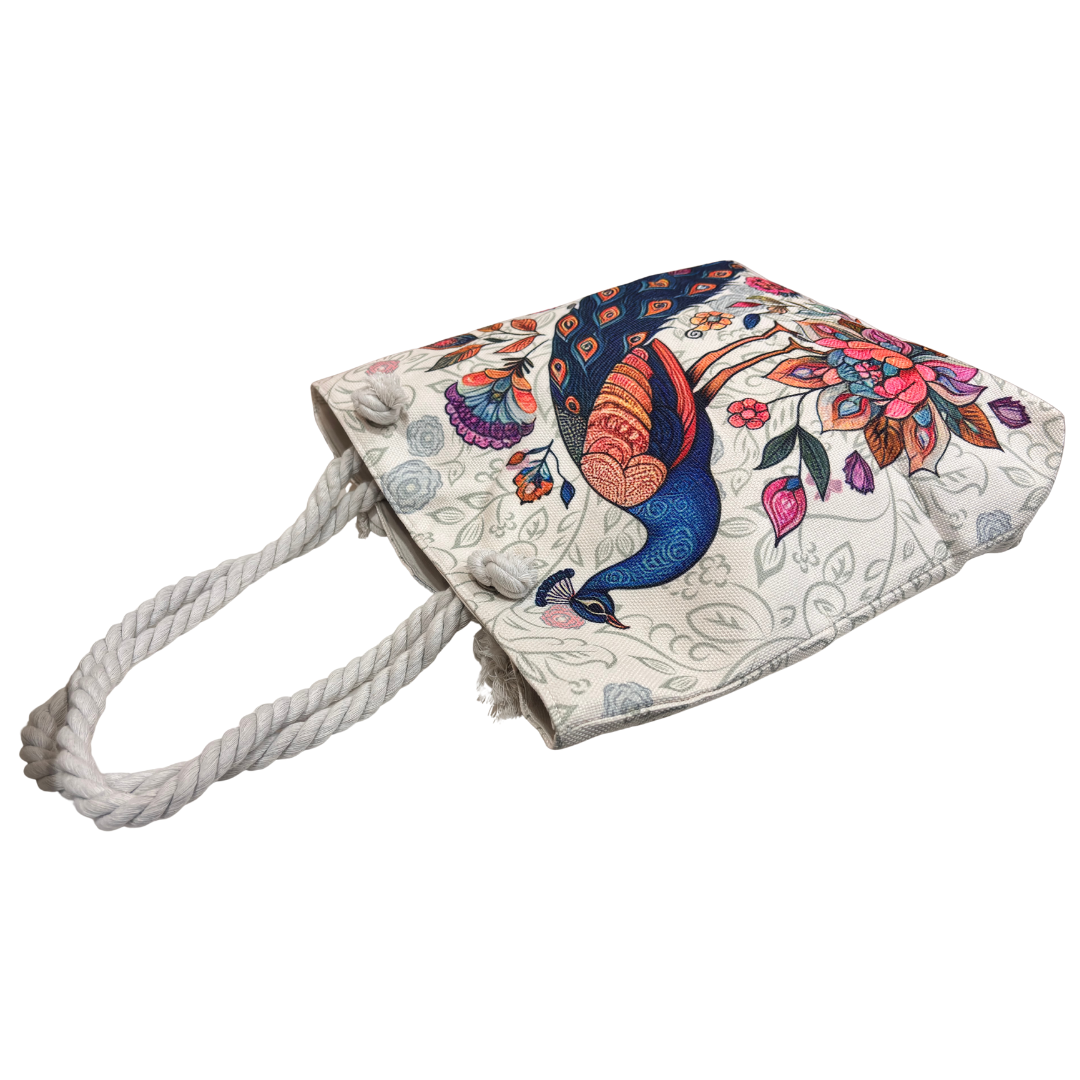 The House of RajPadmini Desert Caravan Edition | Waterproof Jaipuri Print Beach Tote with Peacock & Camel Motifs