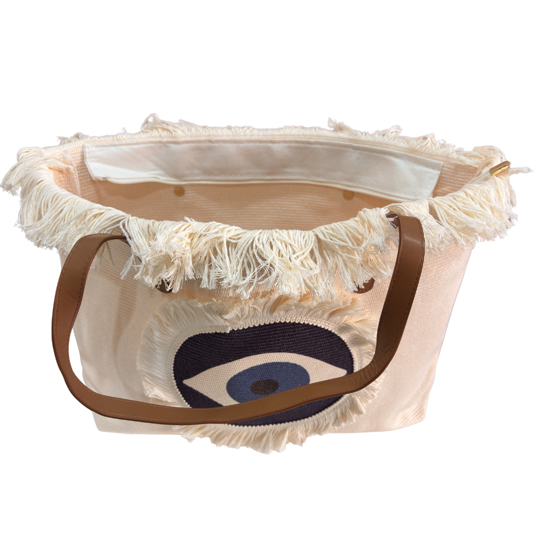 Evil Eye Canvas Tote Bag — Handcrafted Cotton Canvas with Nazar Motif & Zip Closure | The House of RajPadmini