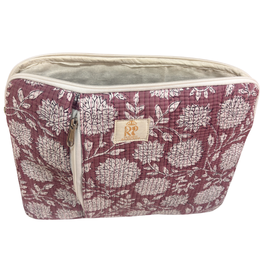 Quilted Cotton Laptop Sleeve with External Pocket — Handcrafted 14-inch Sleeve | The House of RajPadmini