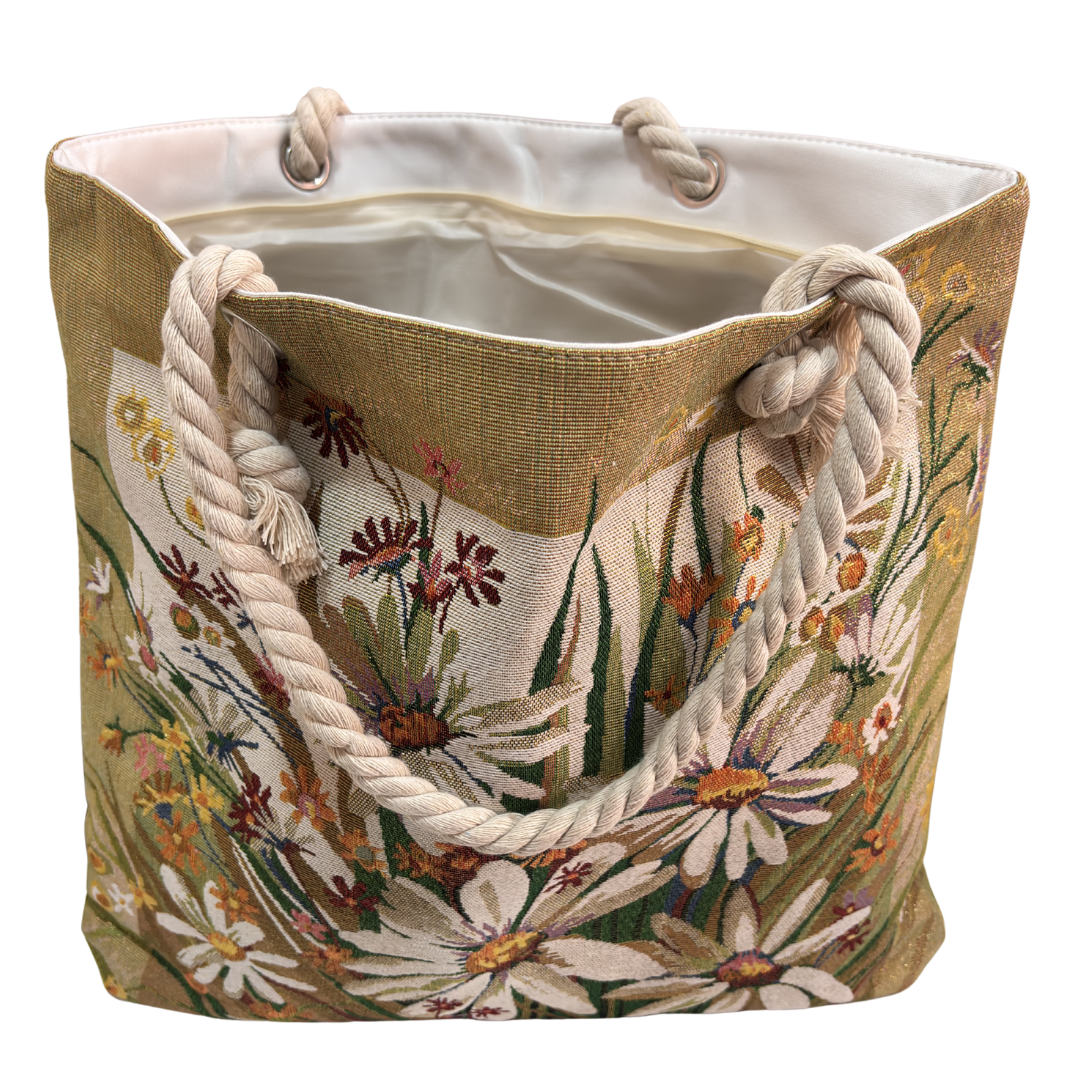 Peacock & Floral Print Canvas Beach Tote — Handcrafted Waterproof Tote with Zip Closure | The House of RajPadmini