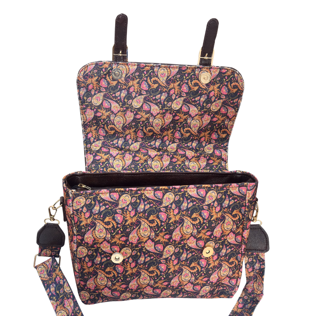 Brown Heritage Floral Sling Bag styled as office briefcase – 35.5 x 30.5 cm cotton blend bag for working women