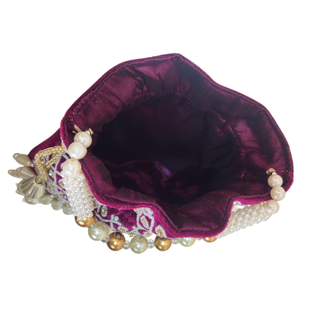 The House of RajPadmini Velvet Pearl Embroidered Potli Bag