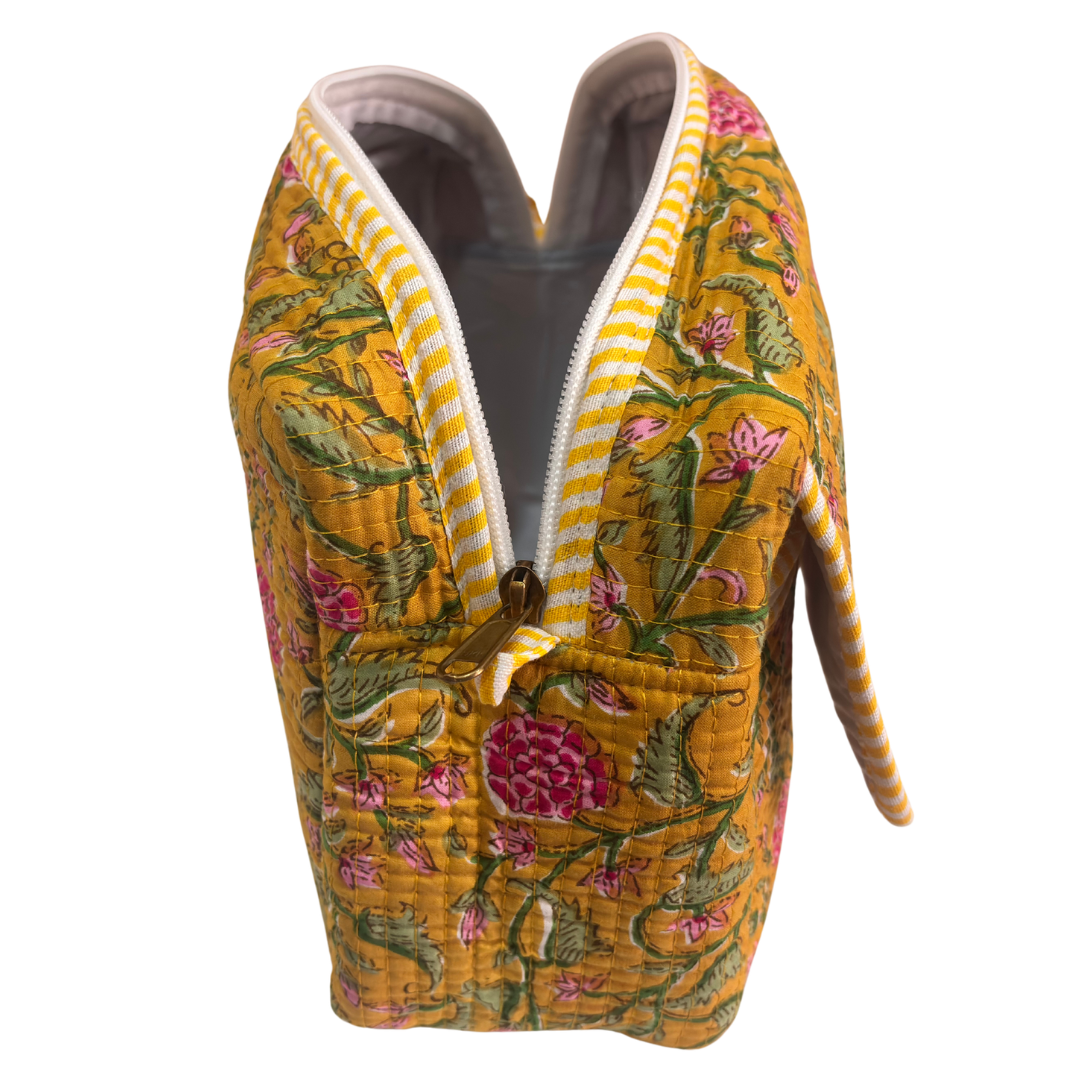 Multi-Pocket Travel Cosmetic Case with Flap & Front Zip — Handcrafted Quilted Block Print | RajPadmini