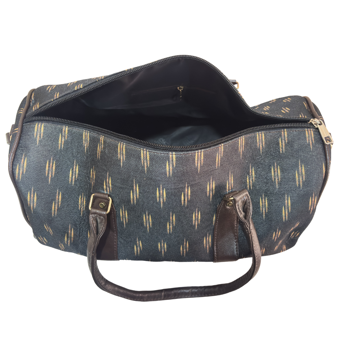 Black cotton blend duffle bag styled as cabin carry-on and gym companion