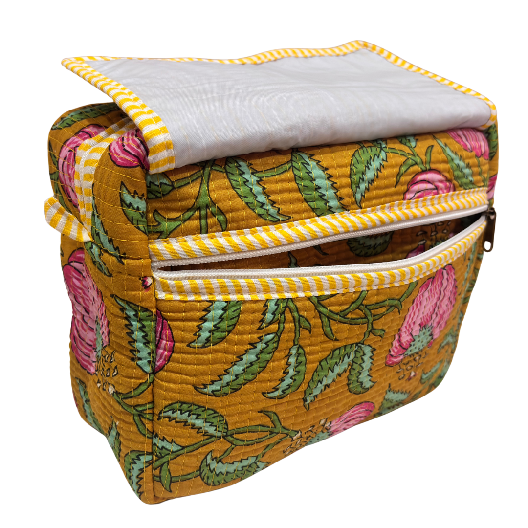 Multi-Pocket Travel Cosmetic Case with Flap & Front Zip — Handcrafted Quilted Block Print | RajPadmini