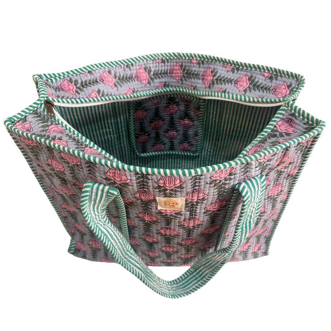 Quilted Cotton Shopping Tote Bag – Block Print, Handcrafted | The House of RajPadmini