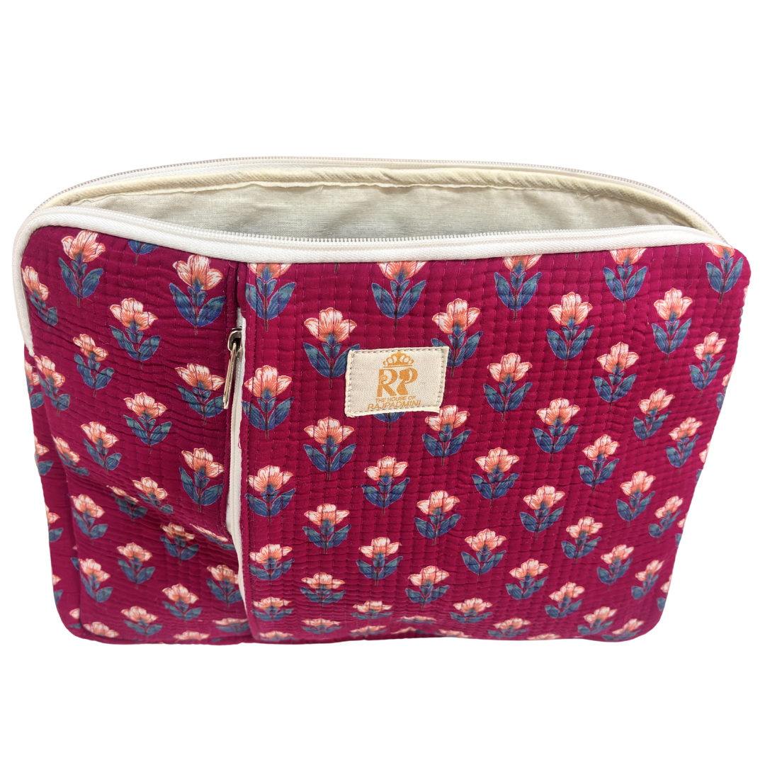 Quilted Cotton Laptop Sleeve with External Pocket — Handcrafted 14-inch Sleeve | The House of RajPadmini
