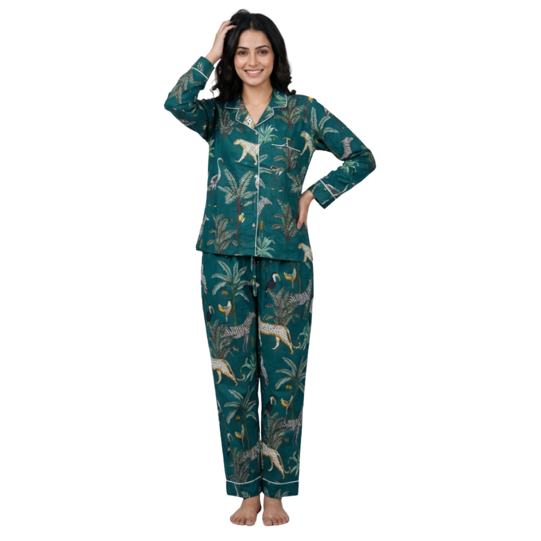 Gulmer by RajPadmini — Emerald Jungle Mulmul Cotton Cord Set with matching Cover| Animal Print Green Nightsuit for Women | Breathable Loungewear with Collar Shirt & Pants