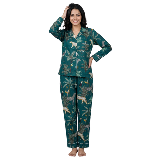 Gulmer by RajPadmini — Emerald Jungle Mulmul Cotton Cord Set with matching Cover| Animal Print Green Nightsuit for Women | Breathable Loungewear with Collar Shirt & Pants