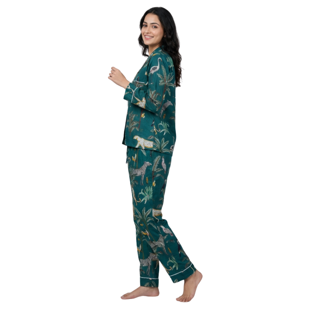 Gulmer by RajPadmini — Emerald Jungle Mulmul Cotton Cord Set with matching Cover| Animal Print Green Nightsuit for Women | Breathable Loungewear with Collar Shirt & Pants