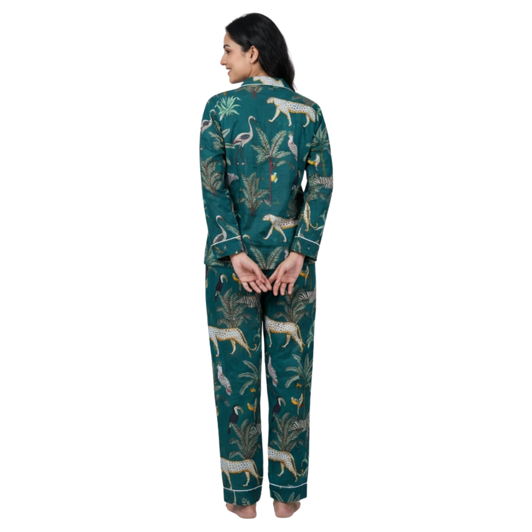 Gulmer by RajPadmini — Emerald Jungle Mulmul Cotton Cord Set with matching Cover| Animal Print Green Nightsuit for Women | Breathable Loungewear with Collar Shirt & Pants
