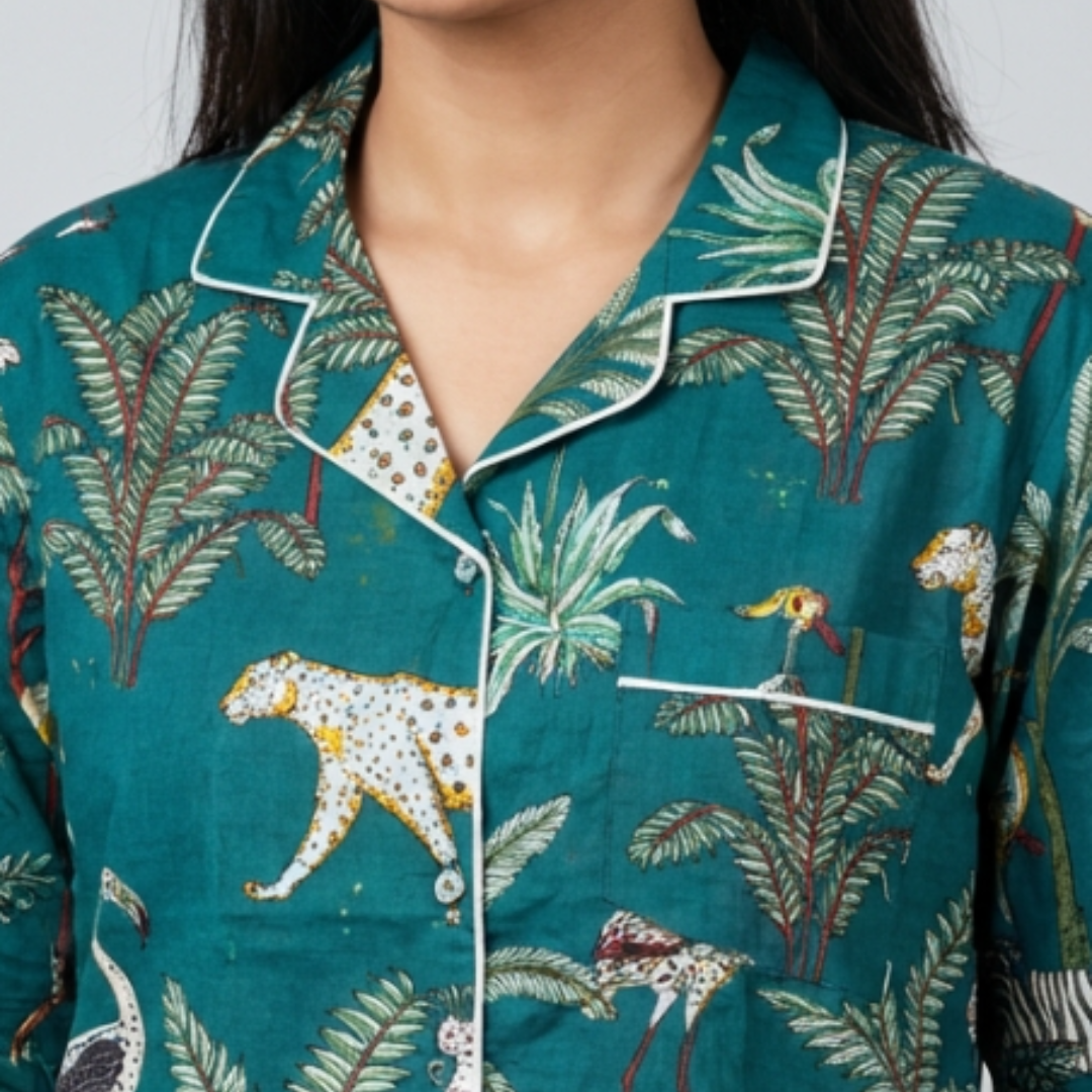 Gulmer by RajPadmini — Emerald Jungle Mulmul Cotton Cord Set with matching Cover| Animal Print Green Nightsuit for Women | Breathable Loungewear with Collar Shirt & Pants