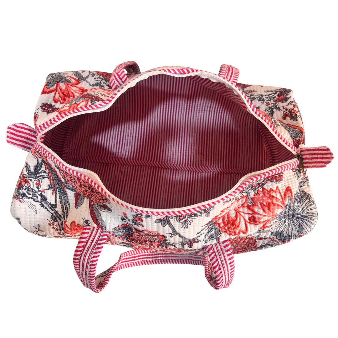 Pushkar Balloon Quilted Heritage Duffle (Floral White) — 18 x 16 x 10 inches, handcrafted in Jaipur, India