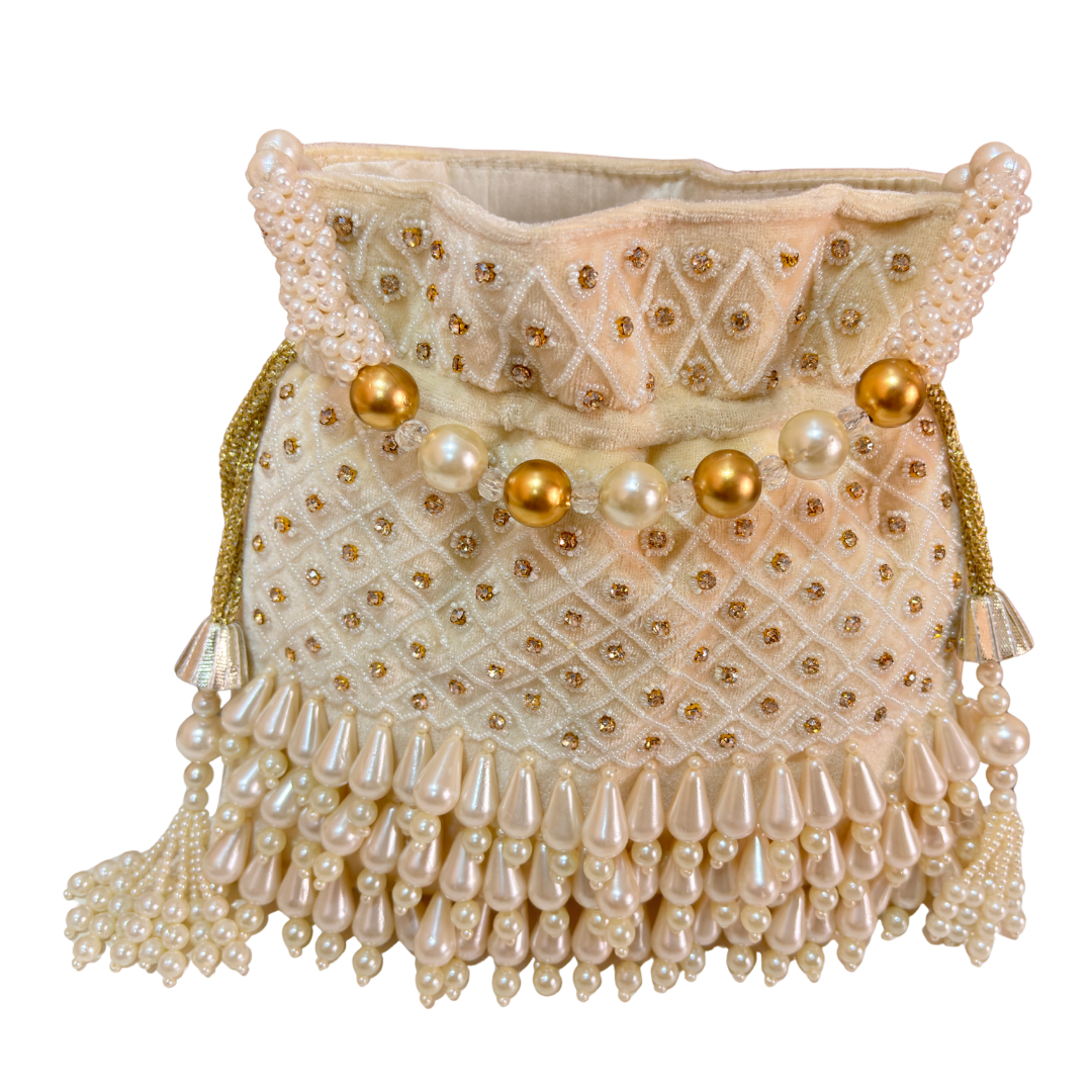 The House of RajPadmini Velvet Pearl Embroidered Potli Bag