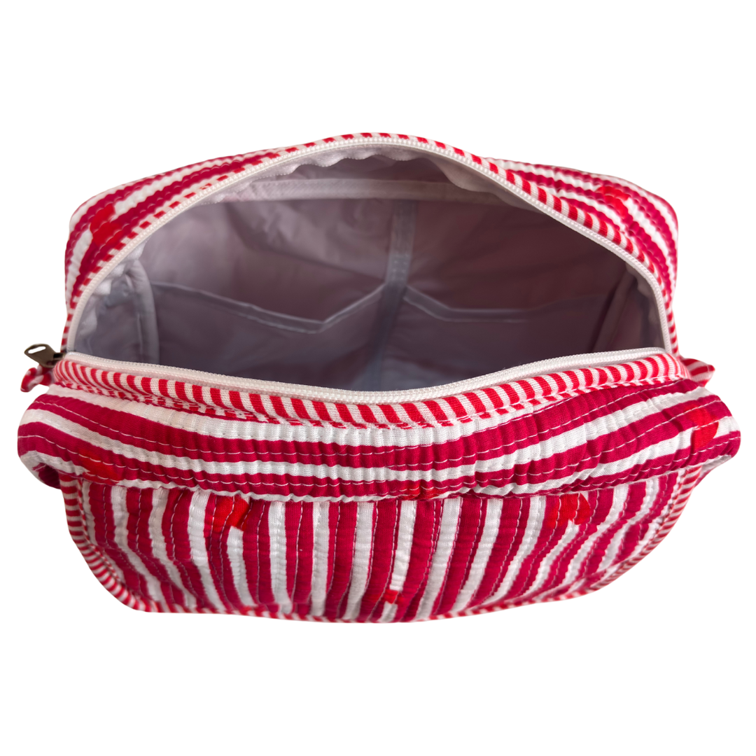 Multi-Pocket Travel Cosmetic Case with Flap & Front Zip — Handcrafted Quilted Block Print | RajPadmini
