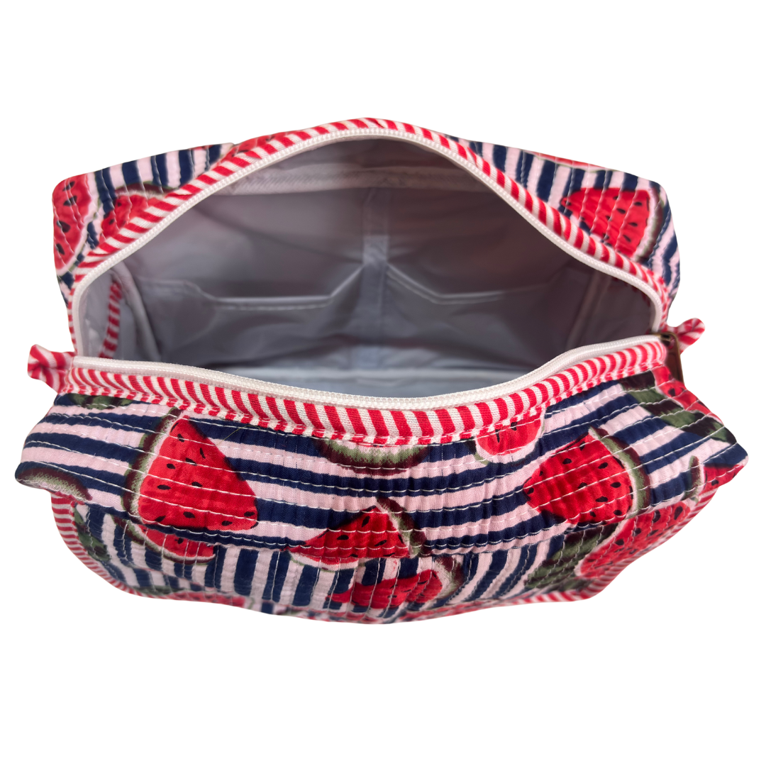 Multi-Pocket Travel Cosmetic Case with Flap & Front Zip — Handcrafted Quilted Block Print | RajPadmini