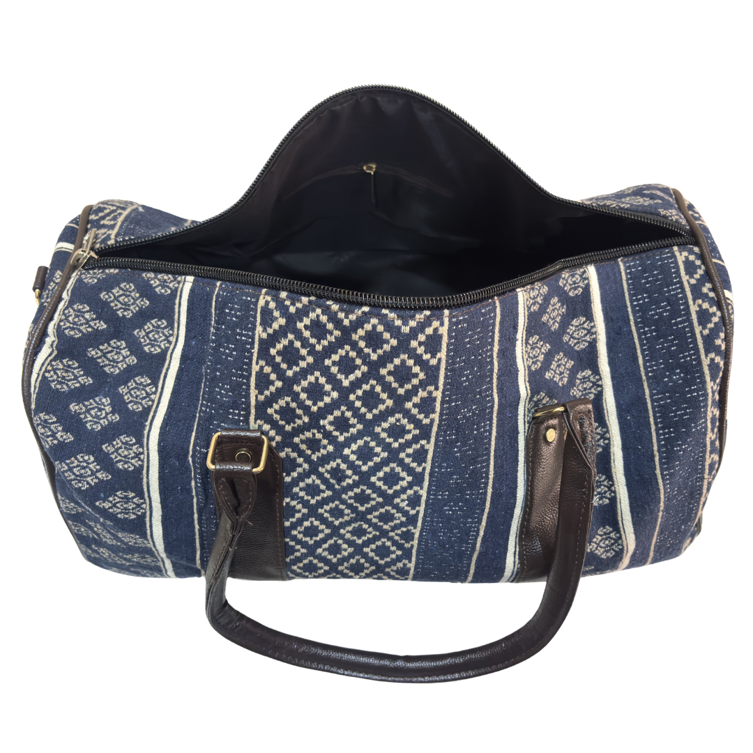 Detail of deep blue cotton fabric and stitching on RajPadmini handcrafted duffle