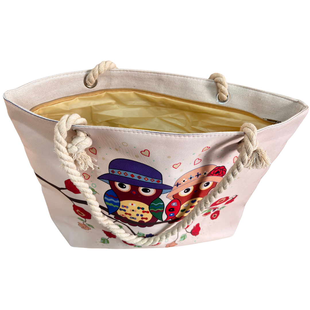 The Beach Party Edition:- Owl Print White Beach Tote Bag with complimentary Pouch