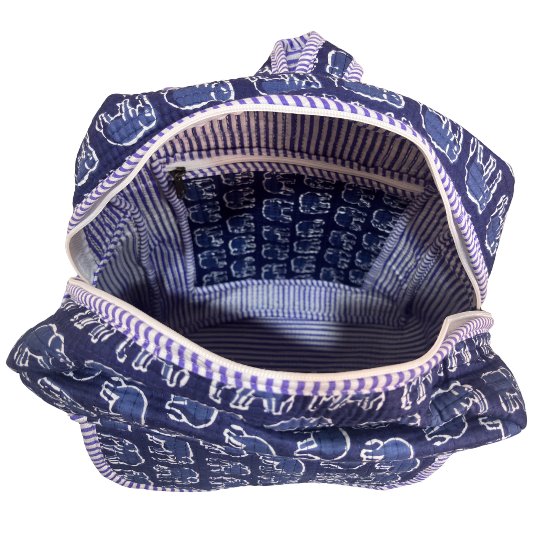 The Jungle Book Edition:- Premium Quilted Blue Cotton Backpack with Animal Print Design - Stylish Eco-Friendly Bag for School, Travel, and Everyday Adventures