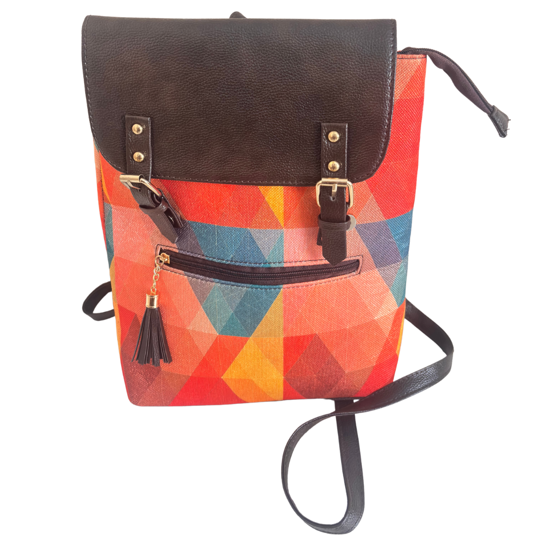 Geometric Sunset Heritage Backpack - Desert Kaleidoscope Collection | Hand-Woven Tribal Pattern