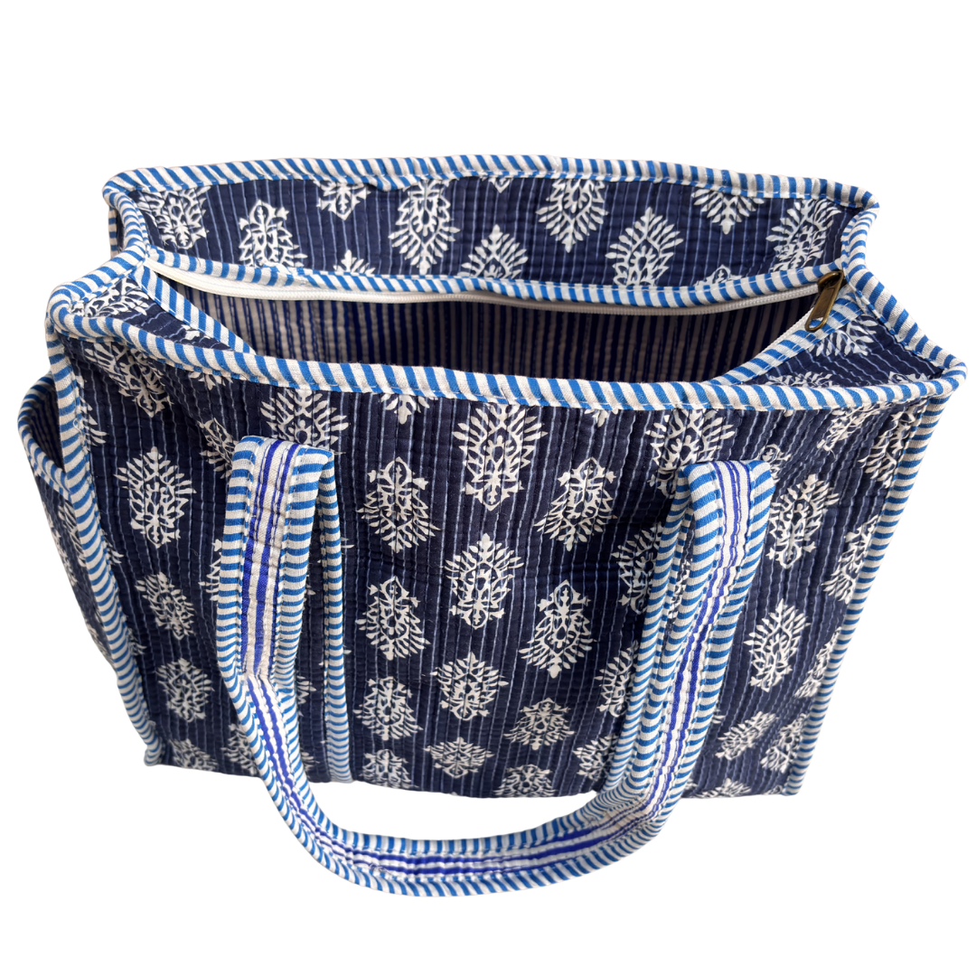 Blue quilted tote bag for market shopping — 14x14 inch handcrafted tote