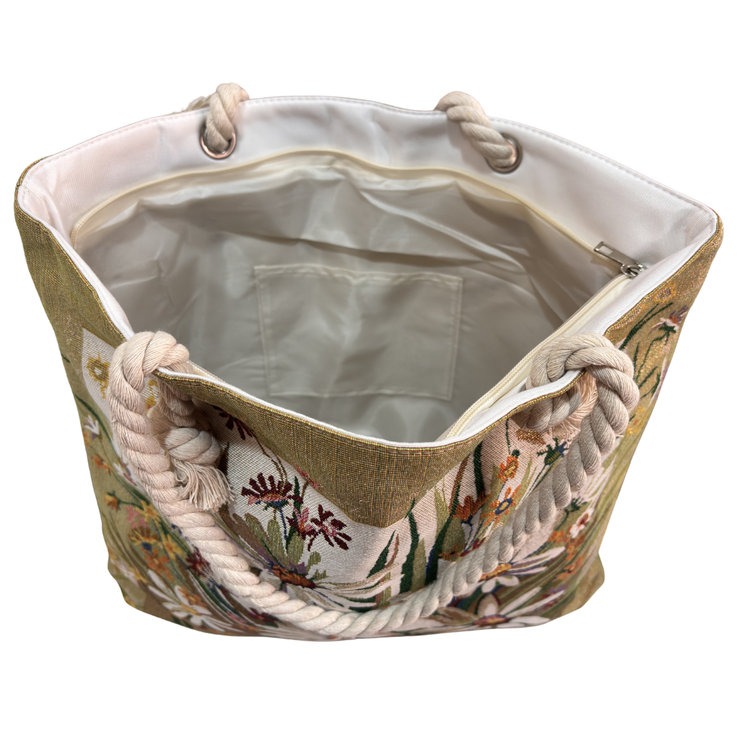 Peacock & Floral Print Canvas Beach Tote — Handcrafted Waterproof Tote with Zip Closure | The House of RajPadmini