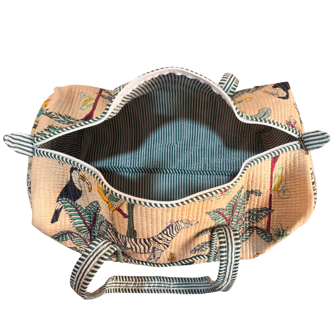 Detail of quilting on Pushkar Balloon Animal Print Off-White duffle by The House of RajPadmini