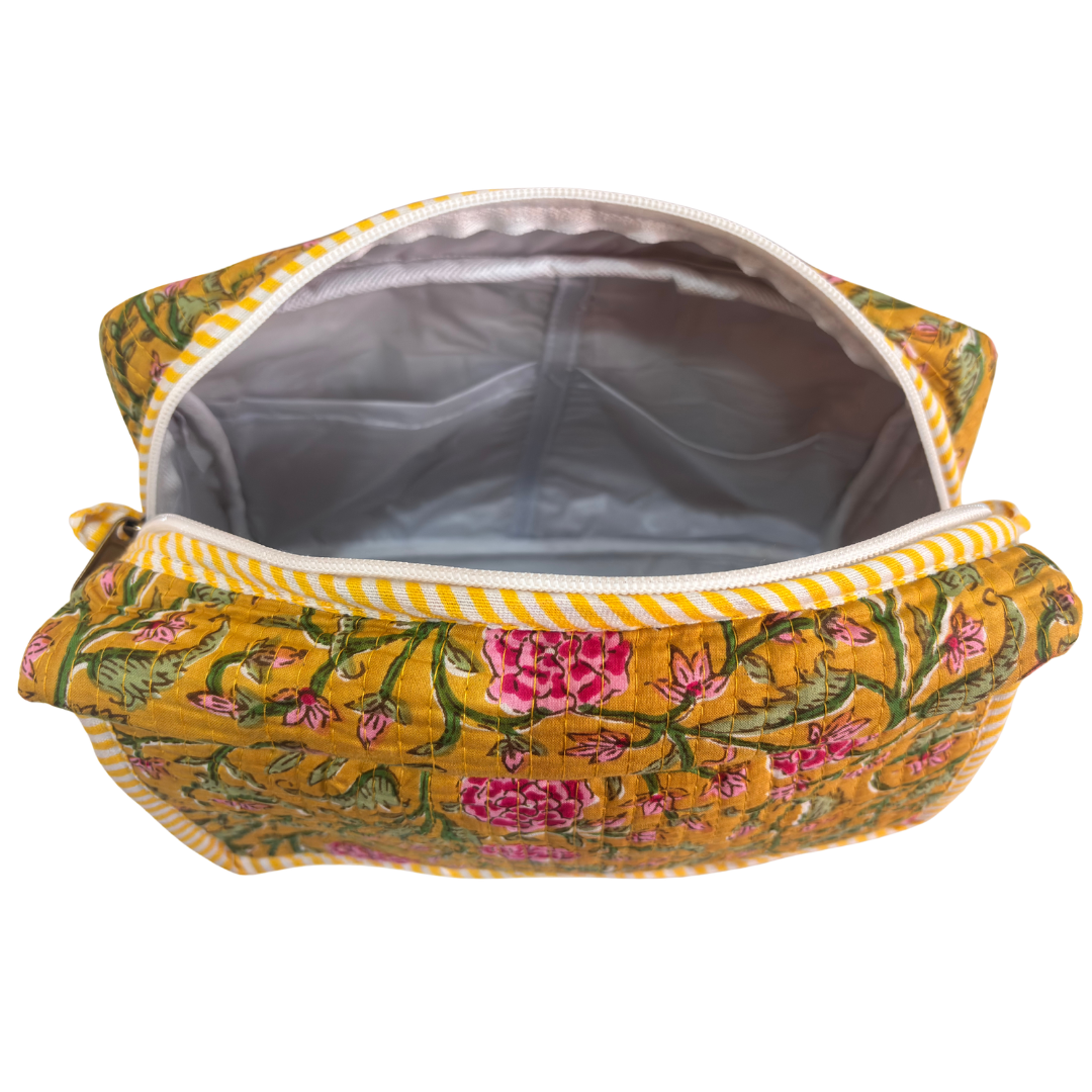 Multi-Pocket Travel Cosmetic Case with Flap & Front Zip — Handcrafted Quilted Block Print | RajPadmini