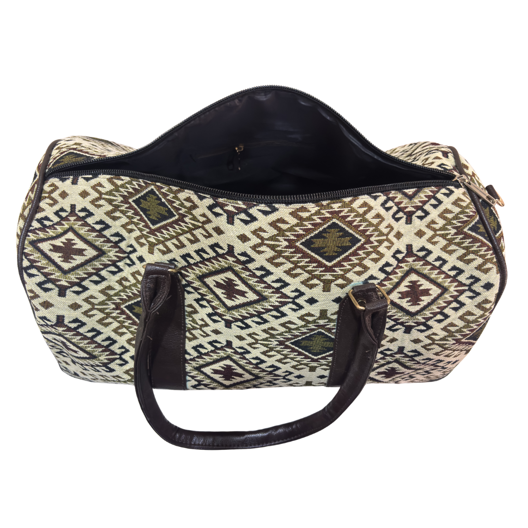 Detail of cream and brown cotton blend stitching on RajPadmini handcrafted duffle