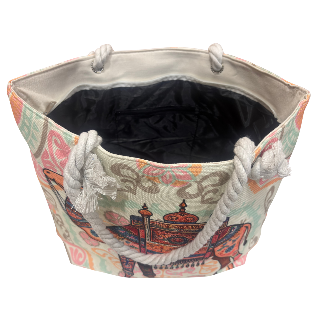 The House of RajPadmini Desert Caravan Edition | Waterproof Jaipuri Print Beach Tote with Peacock & Camel Motifs