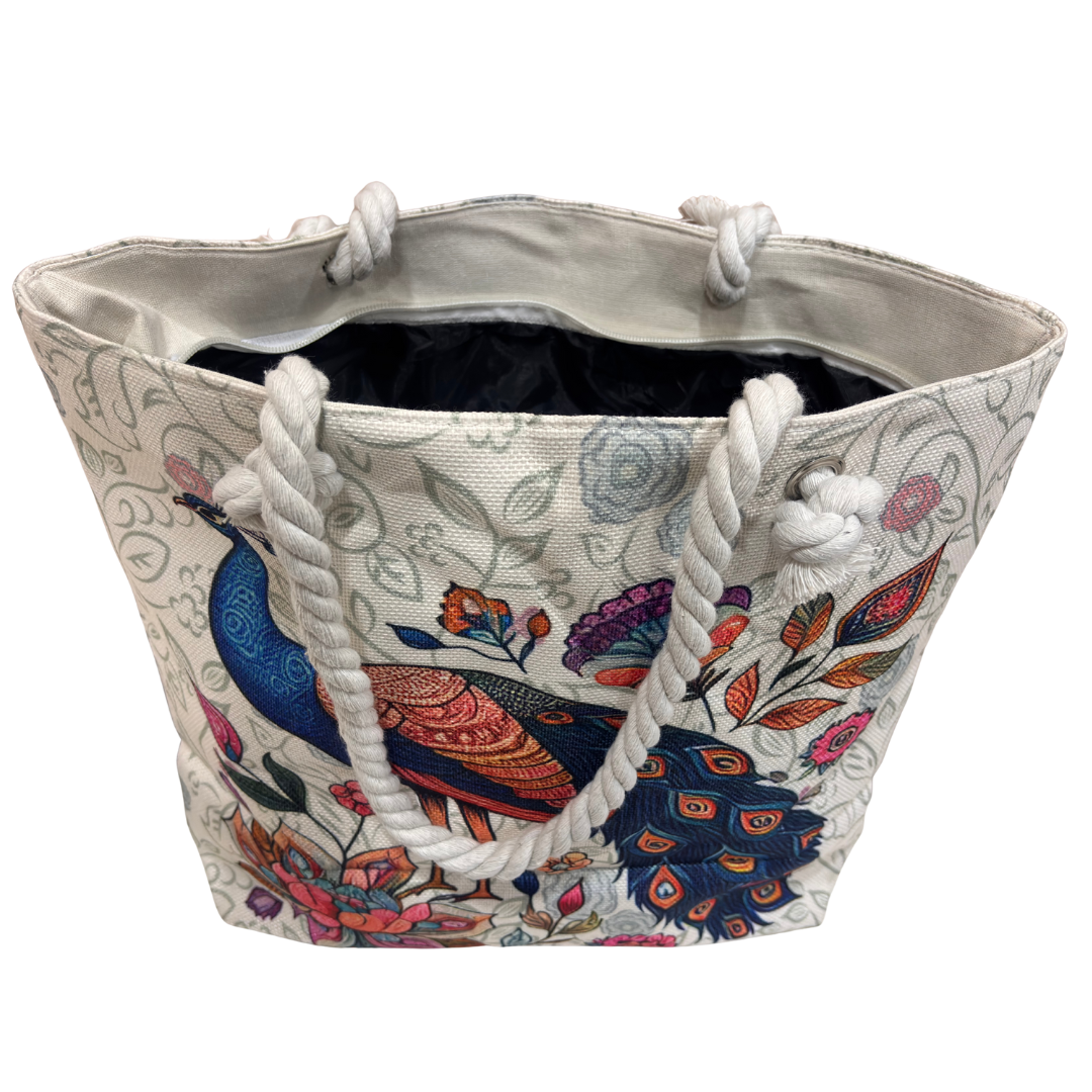 The House of RajPadmini Desert Caravan Edition | Waterproof Jaipuri Print Beach Tote with Peacock & Camel Motifs