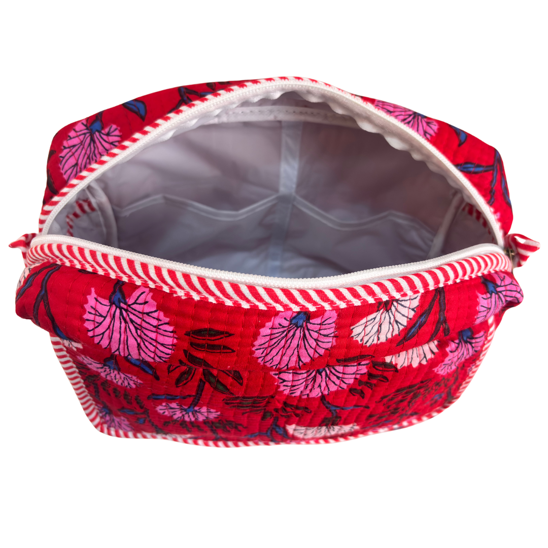 Multi-Pocket Travel Cosmetic Case with Flap & Front Zip — Handcrafted Quilted Block Print | RajPadmini