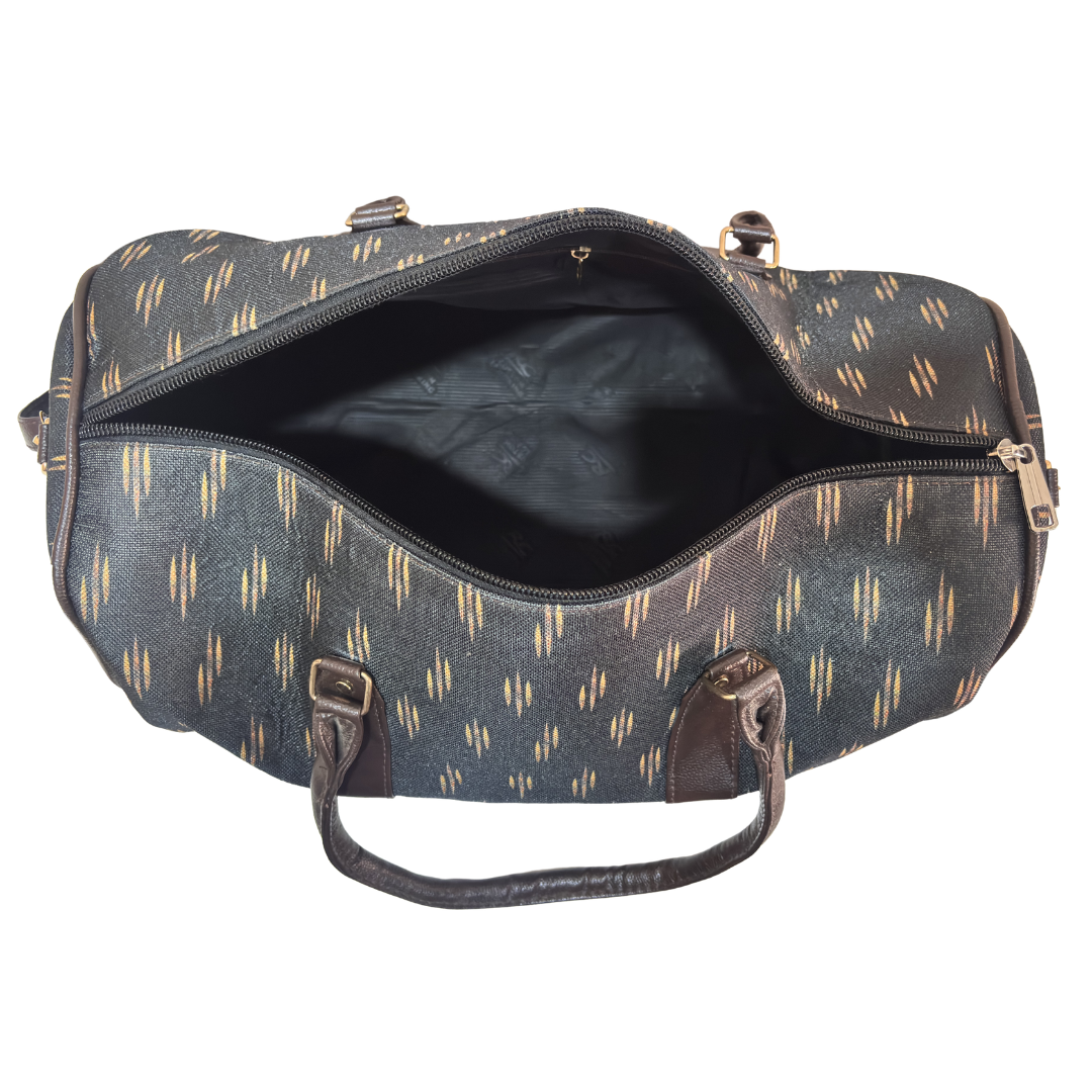 Black cotton blend duffle bag dimensions — 20 x 13 x 9 inches, cabin-friendly travel size