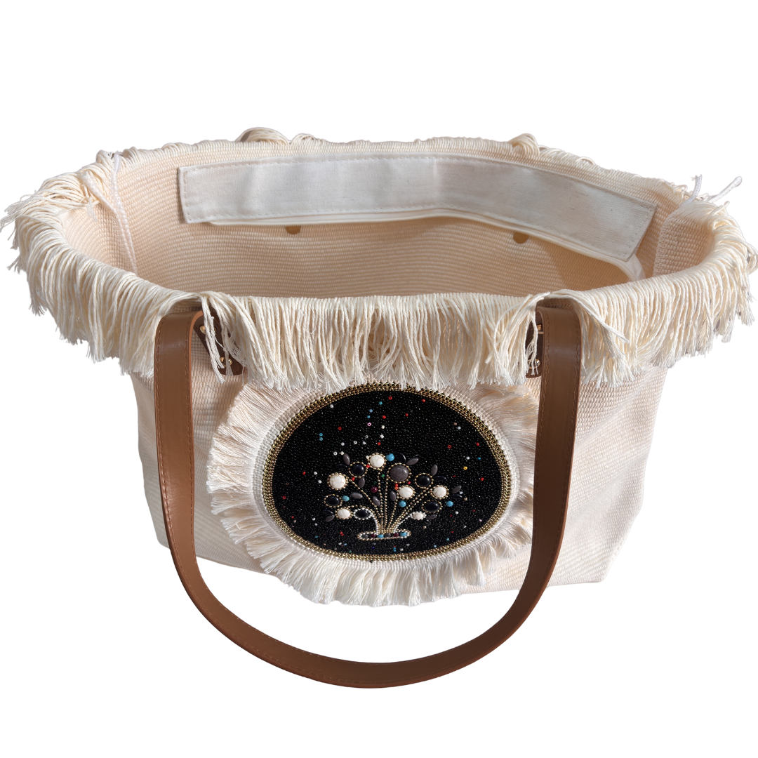 The Canvas Handwork Tote Bag with Beaded Embellishment